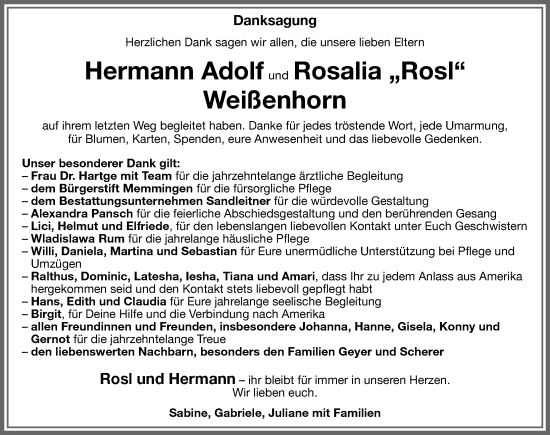 Traueranzeige von Rosalia Weißenhorn von Memminger Zeitung