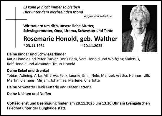 Traueranzeige von Rosemarie Honold von Allgäuer Zeitung,Kempten