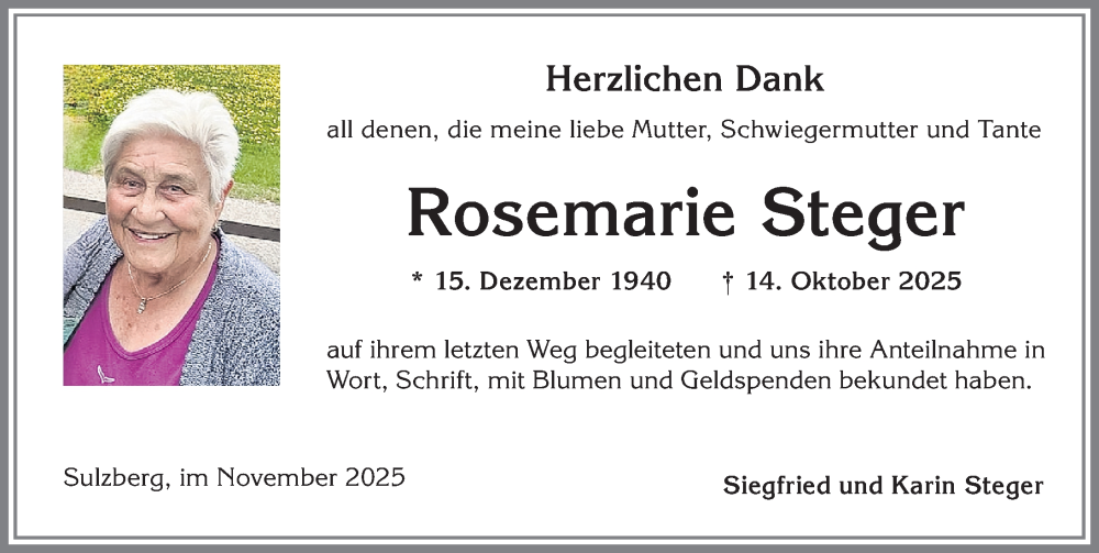  Traueranzeige für Rosemarie Steger vom 08.11.2025 aus Allgäuer Zeitung,Kempten