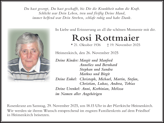 Traueranzeige von Rosi Rottmaier von Der Westallgäuer