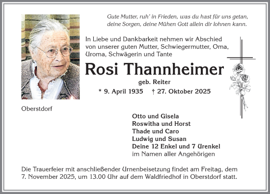 Traueranzeige von Rosi Thannheimer von Allgäuer Anzeigeblatt
