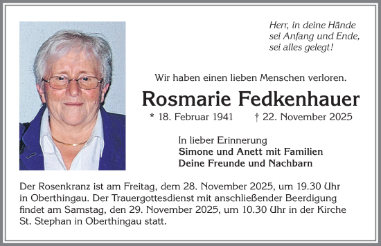 Traueranzeige von Rosmarie Fedkenhauer von Allgäuer Zeitung, Marktoberdorf