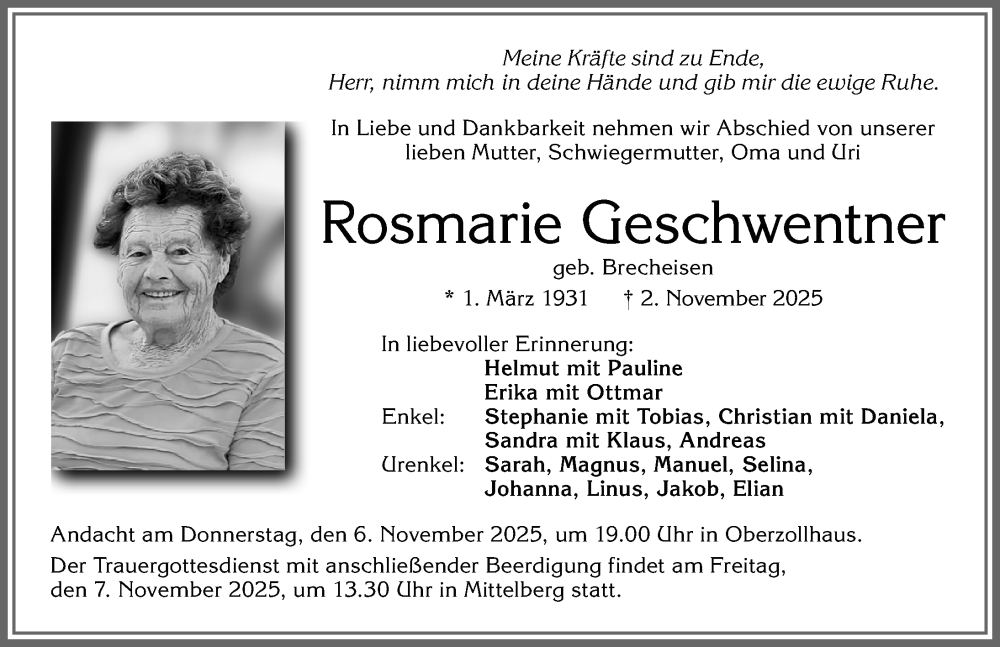  Traueranzeige für Rosmarie Geschwentner vom 05.11.2025 aus Allgäuer Zeitung,Kempten