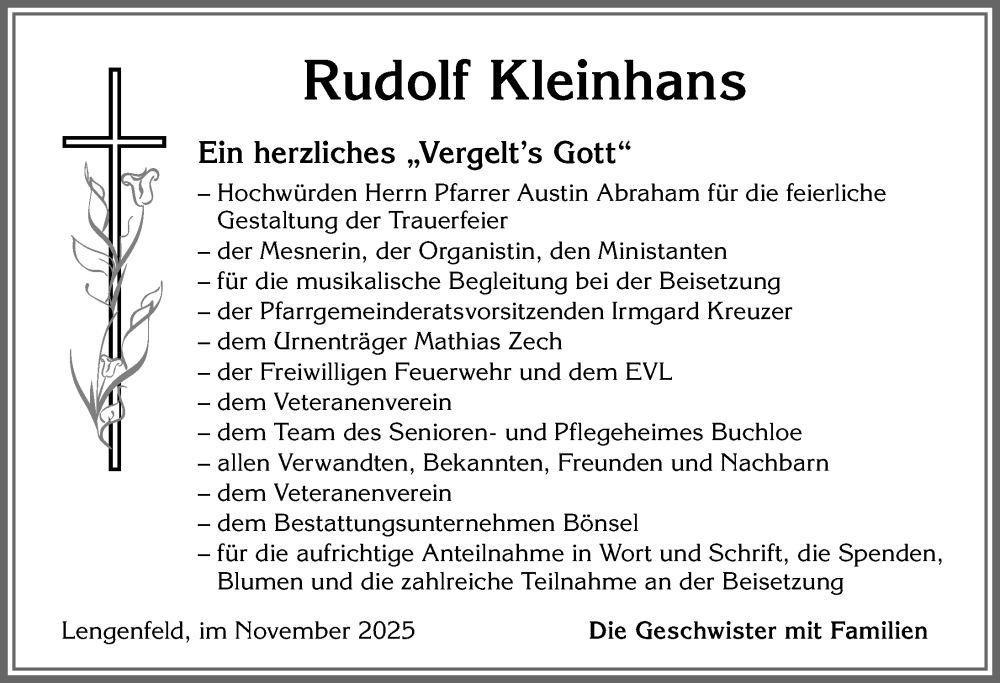  Traueranzeige für Rudolf Kleinhans vom 15.11.2025 aus Allgäuer Zeitung, Kaufbeuren/Buchloe