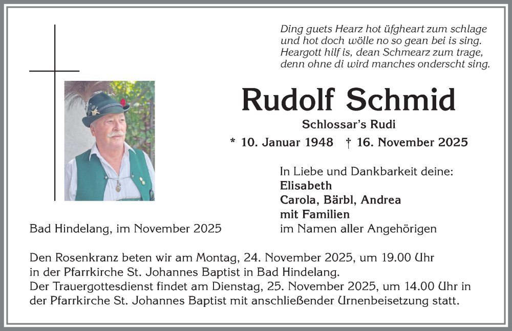  Traueranzeige für Rudolf Schmid vom 22.11.2025 aus Allgäuer Anzeigeblatt