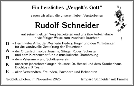 Traueranzeige von Rudolf Schneider von Allgäuer Zeitung, Kaufbeuren/Buchloe