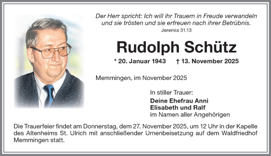 Traueranzeige von Rudolph Schütz von Memminger Zeitung