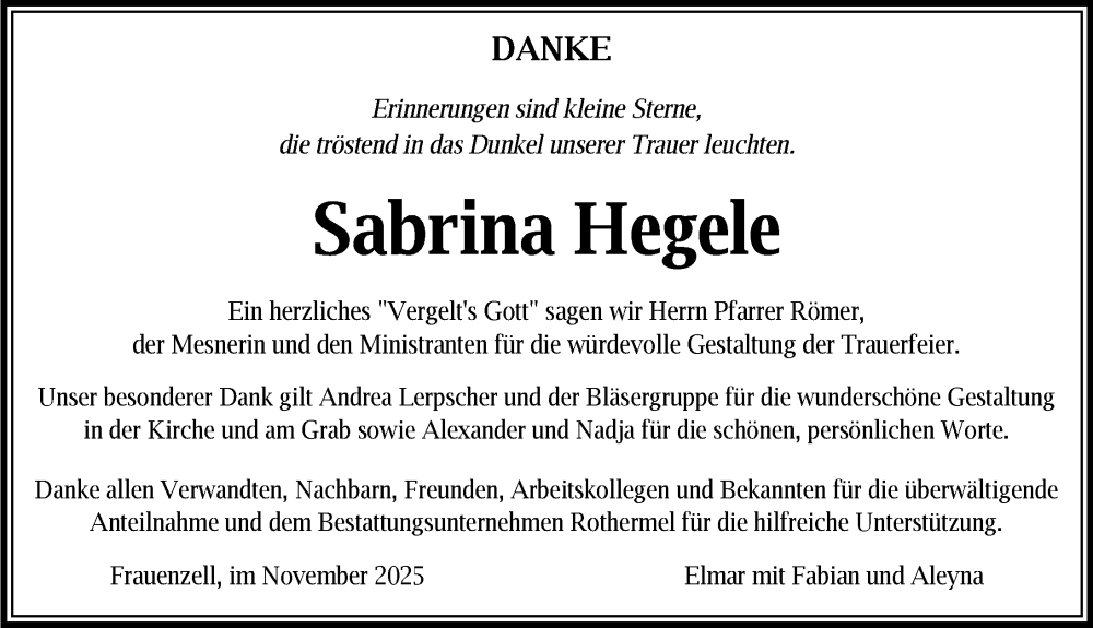  Traueranzeige für Sabrina Hegele vom 22.11.2025 aus Allgäuer Zeitung,Kempten