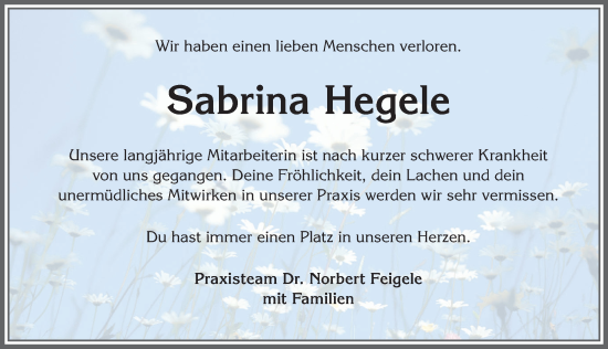 Traueranzeige von Sabrina Hegele von Allgäuer Zeitung,Kempten