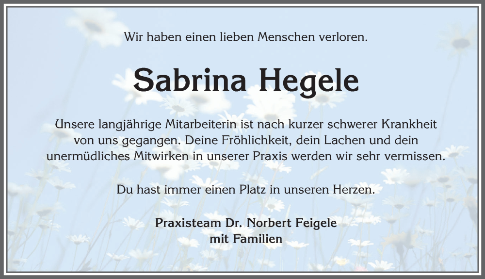  Traueranzeige für Sabrina Hegele vom 07.11.2025 aus Allgäuer Zeitung,Kempten
