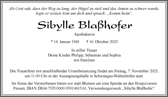 Traueranzeige von Sibylle Blaßhofer von Allgäuer Zeitung, Füssen
