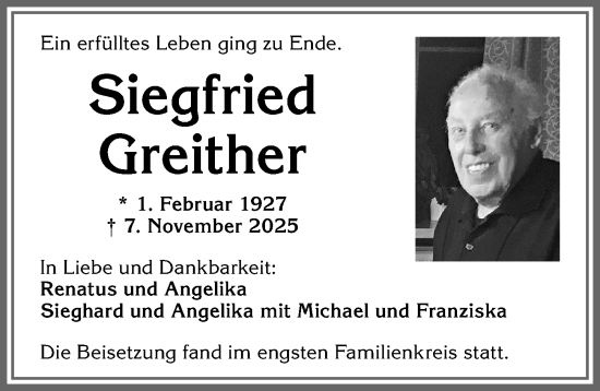 Traueranzeige von Siegfried Greither von Allgäuer Zeitung,Kempten