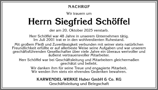 Traueranzeige von Siegfried Schöffel von Allgäuer Zeitung, Kaufbeuren/Buchloe