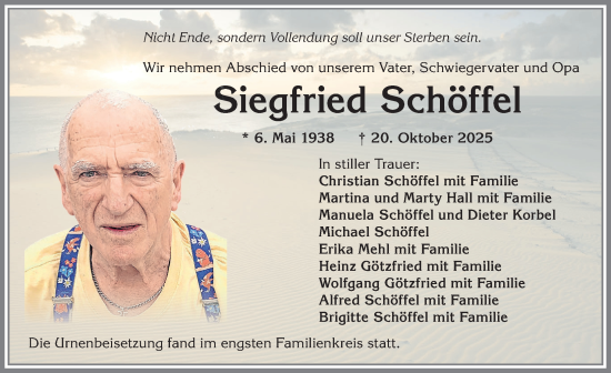 Traueranzeige von Siegfried Schöffel von Allgäuer Zeitung, Kaufbeuren/Buchloe