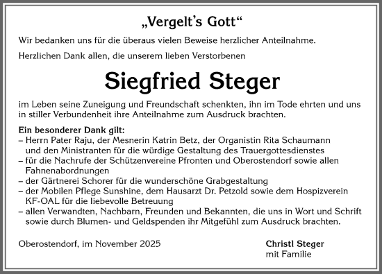Traueranzeige von Siegfried Steger von Allgäuer Zeitung, Kaufbeuren/Buchloe