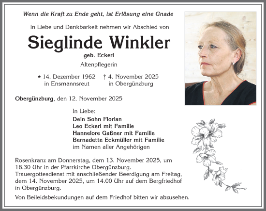 Traueranzeige von Sieglinde Winkler von Allgäuer Zeitung, Marktoberdorf