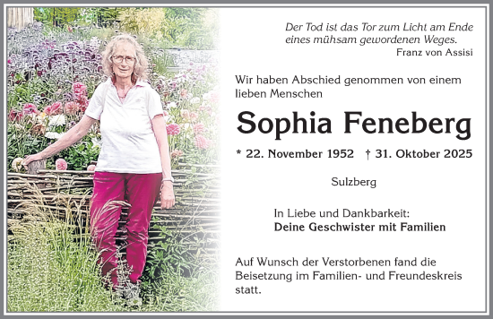 Traueranzeige von Sophia Feneberg von Allgäuer Zeitung,Kempten