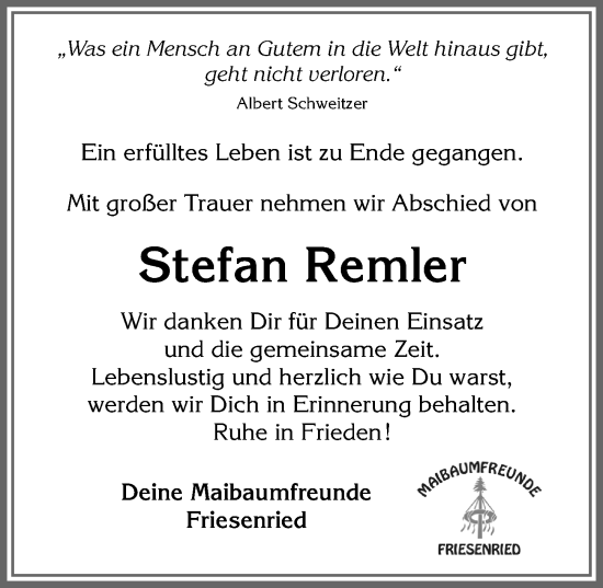 Traueranzeige von Stefan Remler von Allgäuer Zeitung, Kaufbeuren/Buchloe