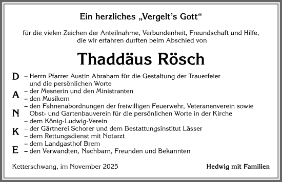 Traueranzeige von Thaddäus Rösch von Allgäuer Zeitung, Kaufbeuren/Buchloe