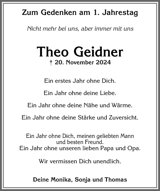 Traueranzeige von Theo Geidner von Allgäuer Zeitung,Kempten