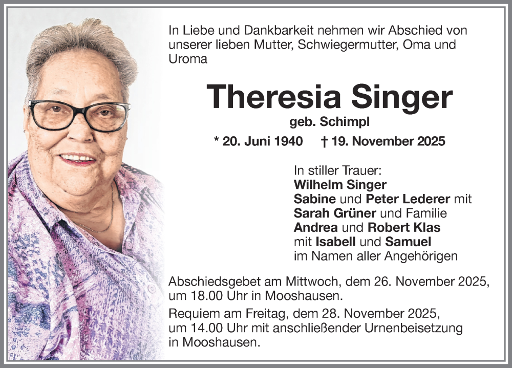  Traueranzeige für Theresia Singer vom 25.11.2025 aus Memminger Zeitung