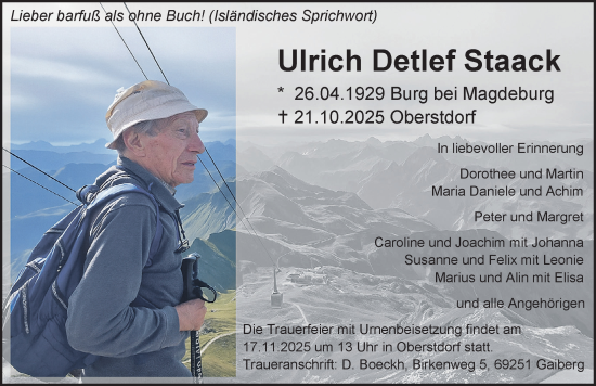 Traueranzeige von Ulrich Detlef Staack von Allgäuer Anzeigeblatt