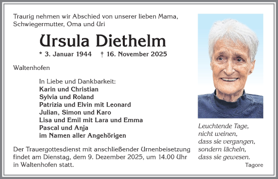 Traueranzeige von Ursula Diethelm von Allgäuer Zeitung,Kempten