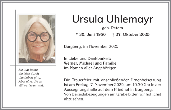 Traueranzeige von Ursula Uhlemayr von Allgäuer Anzeigeblatt