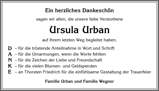 Traueranzeige von Ursula Urban von Allgäuer Zeitung, Kaufbeuren/Buchloe