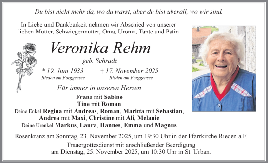 Traueranzeige von Veronika Rehm von Allgäuer Zeitung, Füssen