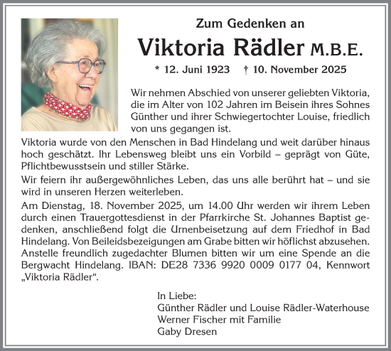 Traueranzeige von Viktoria Rädler von Allgäuer Anzeigeblatt