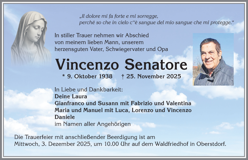  Traueranzeige für Vincenzo Senatore vom 29.11.2025 aus Allgäuer Anzeigeblatt