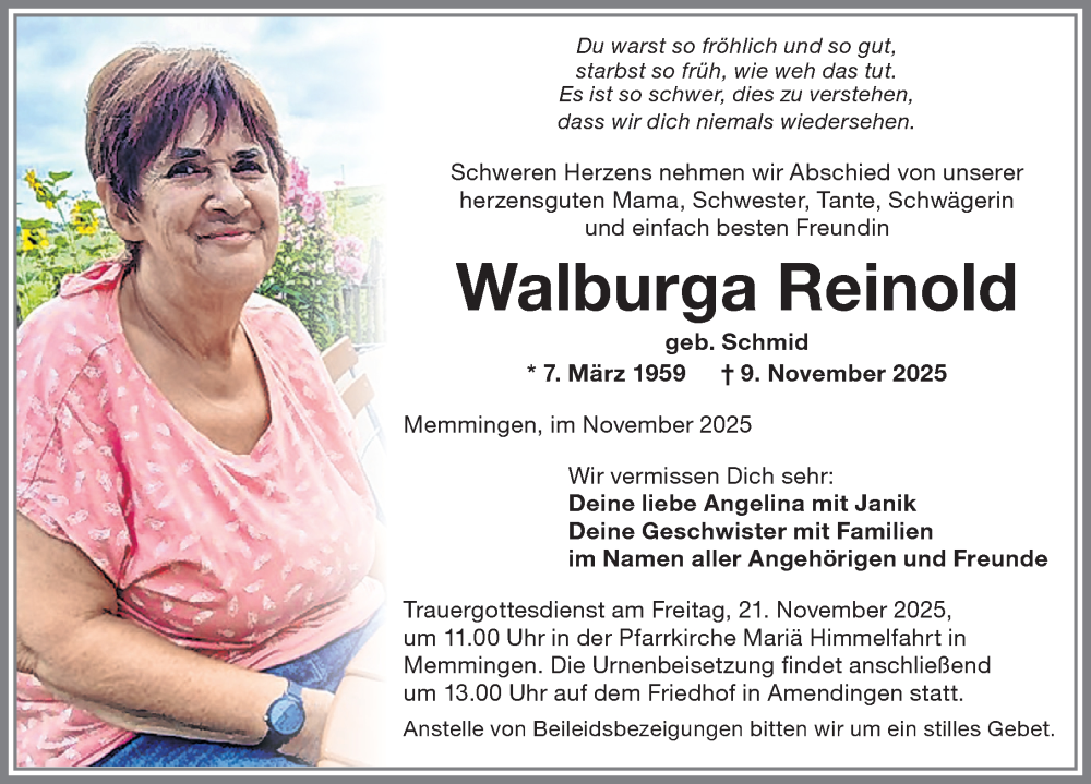  Traueranzeige für Walburga Reinold vom 19.11.2025 aus Memminger Zeitung