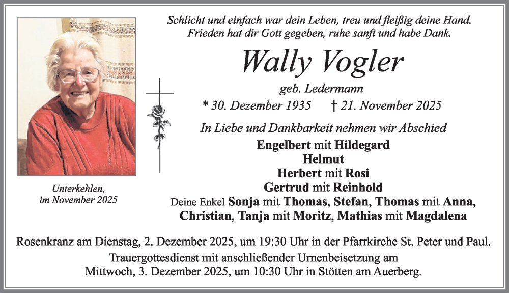  Traueranzeige für Wally Vogler vom 29.11.2025 aus Allgäuer Zeitung, Marktoberdorf