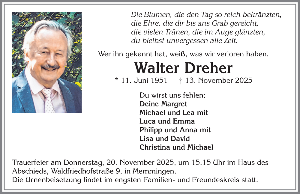  Traueranzeige für Walter Dreher vom 18.11.2025 aus Memminger Zeitung
