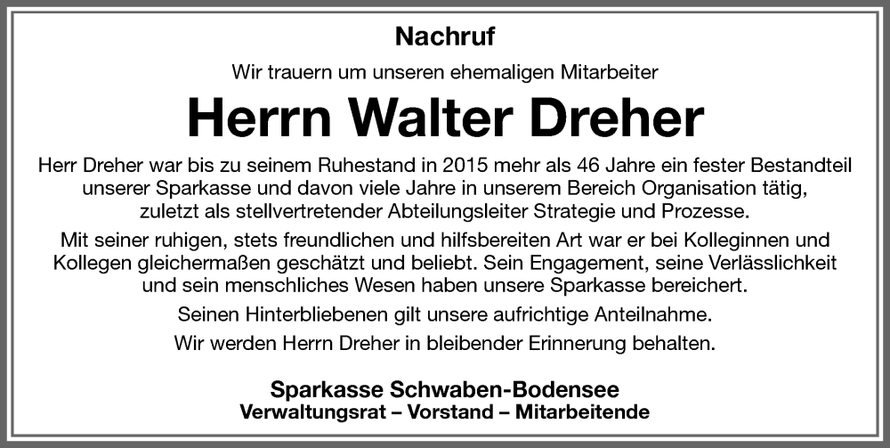  Traueranzeige für Walter Dreher vom 20.11.2025 aus Memminger Zeitung