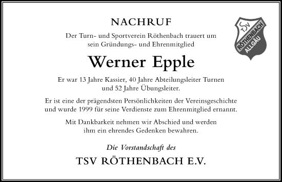 Traueranzeige von Werner Epple von Der Westallgäuer