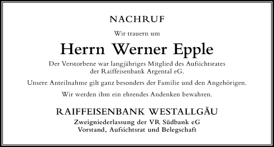 Traueranzeige von Werner Epple von Der Westallgäuer