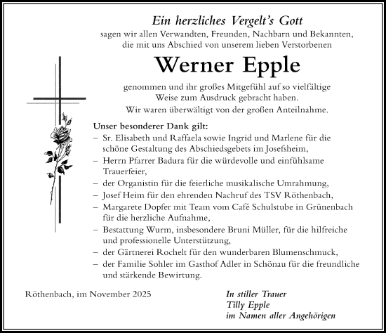 Traueranzeige von Werner Epple von Der Westallgäuer