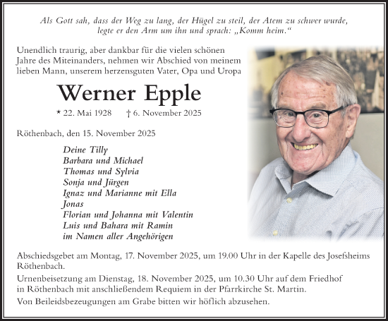 Traueranzeige von Werner Epple von Der Westallgäuer