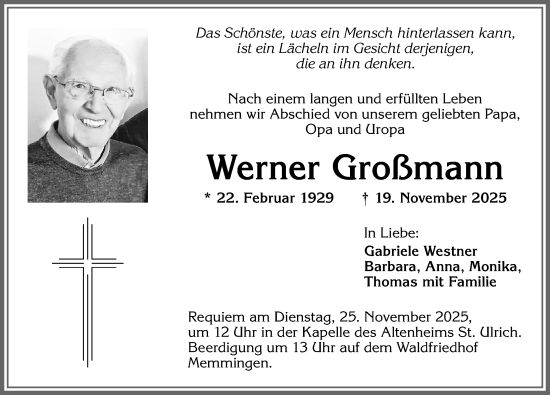 Traueranzeige von Werner Großmann von Memminger Zeitung