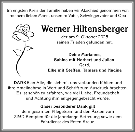 Traueranzeige von Werner Hiltensberger von Allgäuer Zeitung,Kempten