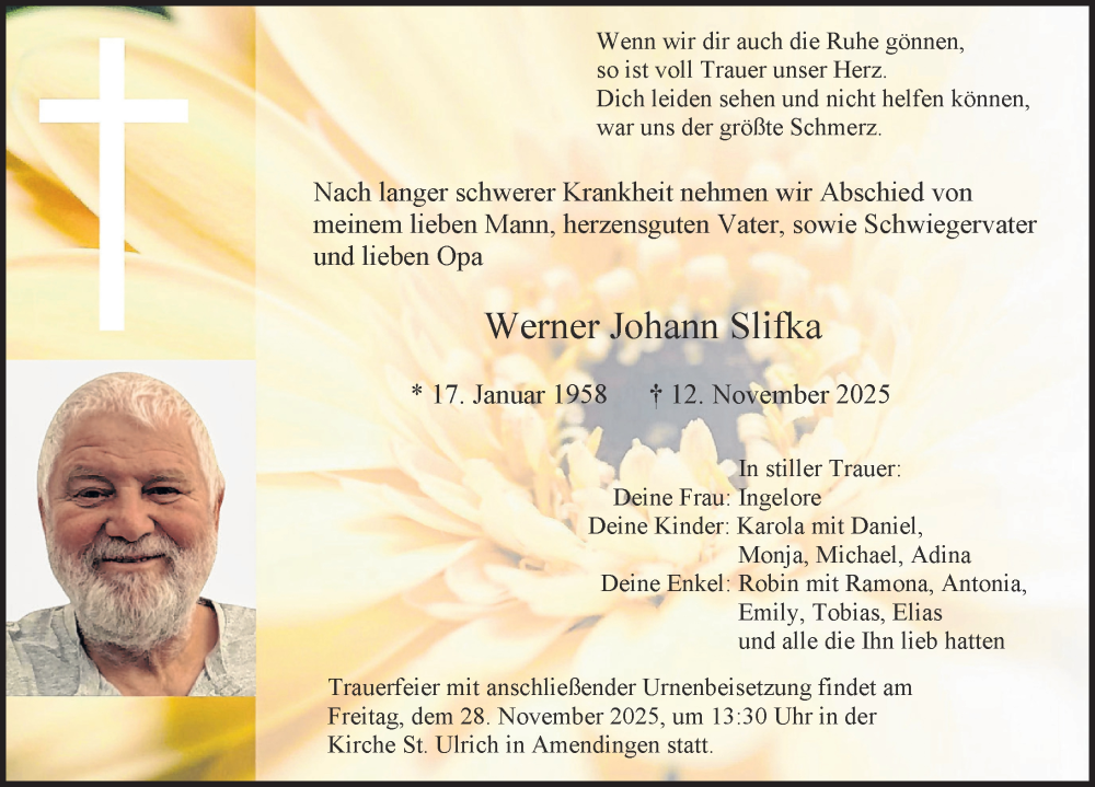  Traueranzeige für Werner Johann Slifka vom 22.11.2025 aus Memminger Zeitung