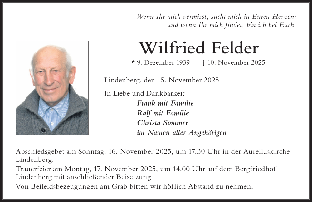  Traueranzeige für Wilfried Felder vom 15.11.2025 aus Der Westallgäuer