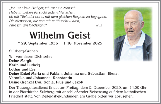 Traueranzeige von Wilhelm Geist von Allgäuer Zeitung,Kempten