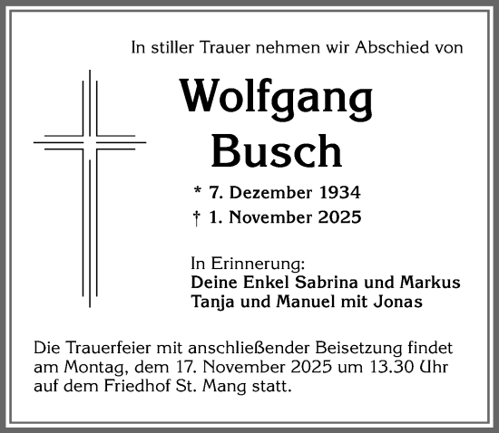 Traueranzeige von Wolfgang Busch von Allgäuer Zeitung,Kempten