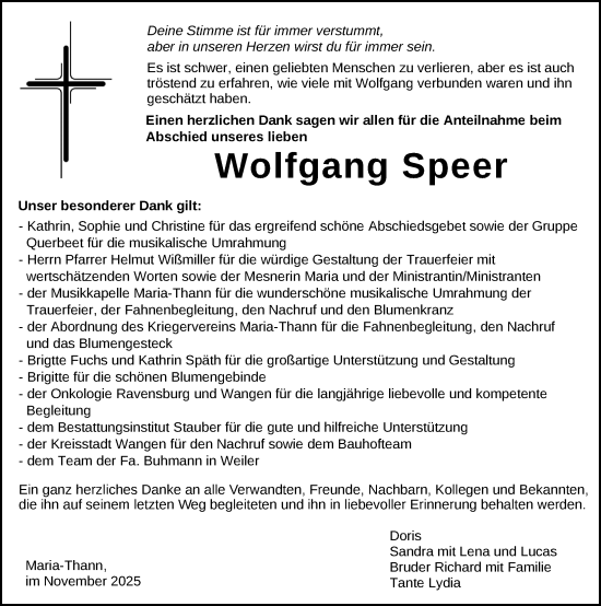 Traueranzeige von Wolfgang Speer von Der Westallgäuer