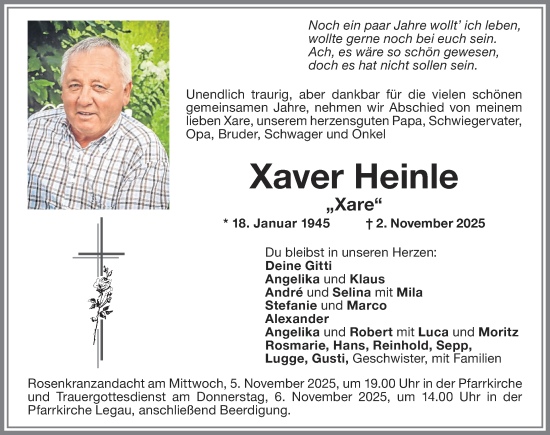 Traueranzeige von Xaver Heinle von Memminger Zeitung