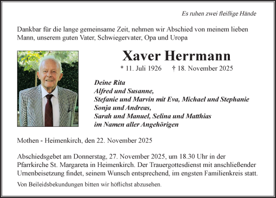Traueranzeige von Xaver Herrmann von Der Westallgäuer
