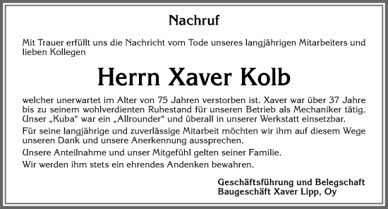Traueranzeige von Xaver Kolb von Allgäuer Zeitung,Kempten